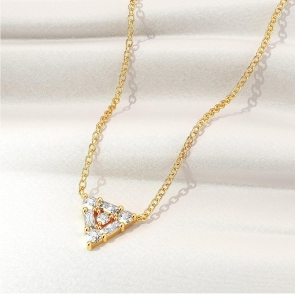 GOLD 14k Gold Plated Cubic Zirconia Triangle Pendant Necklace - Picture 1 of 3